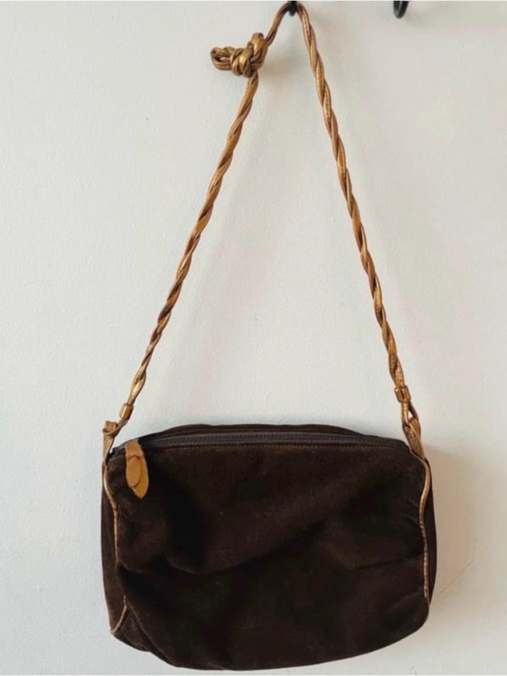 Vintage Suede Brown Leather Margolin Shoulder Purse Golden Hued Braided Strap